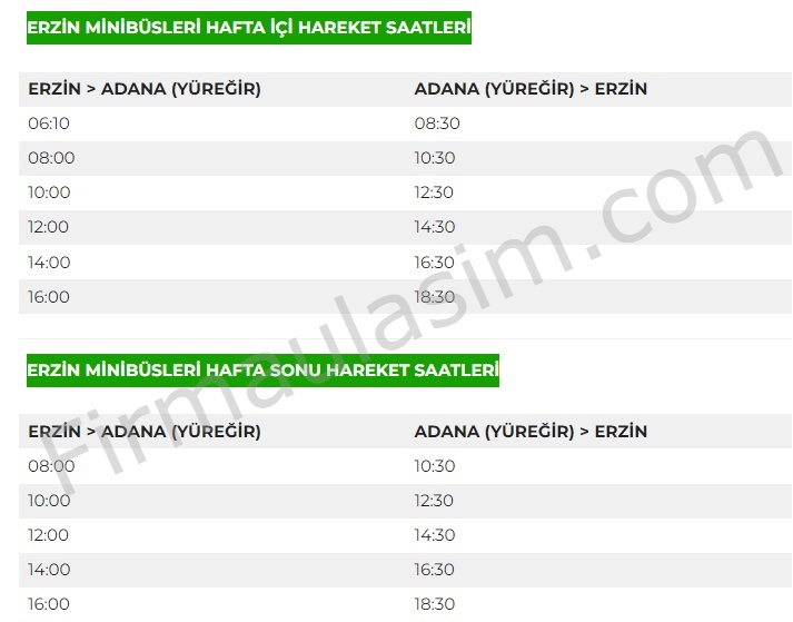 Erzin Adana Minibüs Saatleri